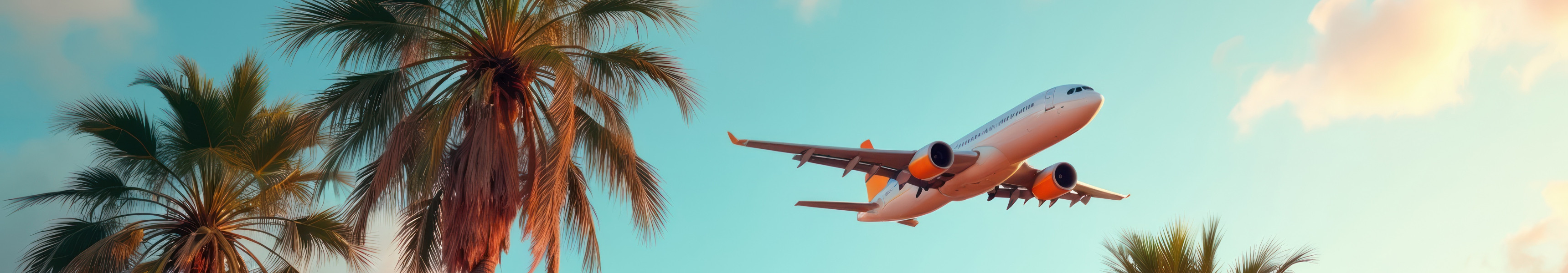 Ein Flugzeug fliegt bei Sonnenuntergang über Palmen hinweg, vor einem Himmel mit zarten Wolken und warmem Licht.