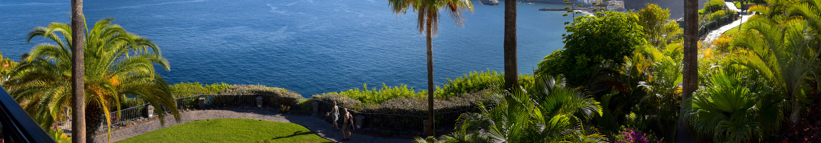 Panoramablick von einem tropisch bepflanzten Garten mit Palmen auf den Atlantik, im Hintergrund die Steilküste und eine kleine Ortschaft auf La Gomera, Kanarische Inseln, Spanien.